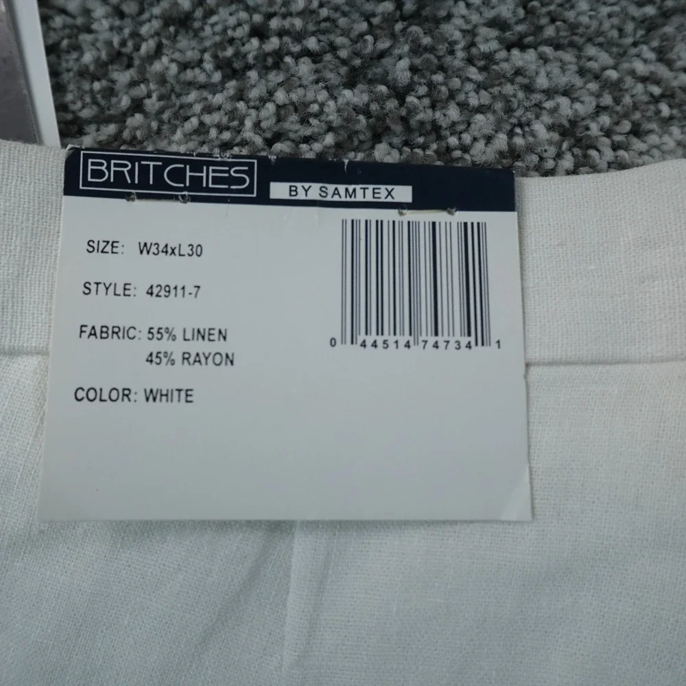 NEW Britches Pants Mens 34X30 White Linen Chino Dress Trouser Pleated Cuffed